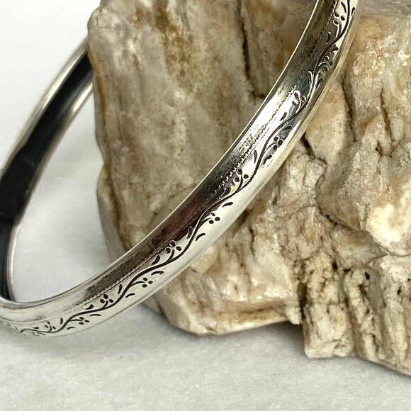 VTG Sterling Silver 925 Engraved Scroll Pattern 6MM Round Bangle Bracelet 8.25" - Picture 6 of 16